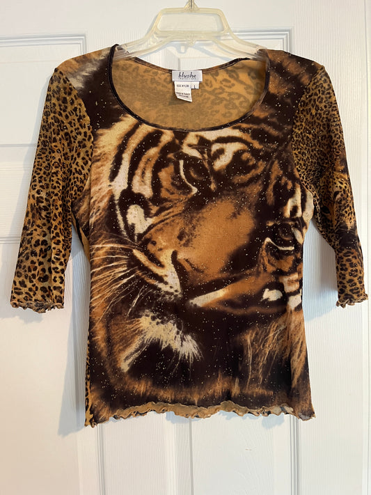 90s Tiger Animal Print/Leopard Mesh Top by Blushe Impressions  Size Large, Fits more like A Medium  Super Cute Top!! with sparkles throughout