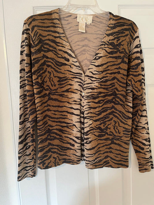 90s y2k Vintage Cache Animal Print Cardigan Button Up Sweater&nbsp;  Size Small (I'm 5'5, 32C)  This Sweater is So Cute! It has a Shiny Shimmer Glitter effect throughout the entire sweater